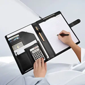 A4 Leather Executive Portfolio Folder with Metal Clip – Space-Saving Desk Document Organizer
